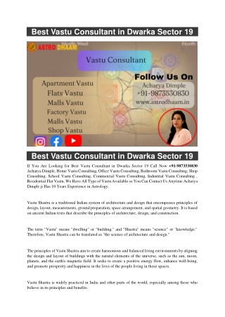 Best Vastu Consultant in Dwarka Sector 19  91-9873530830