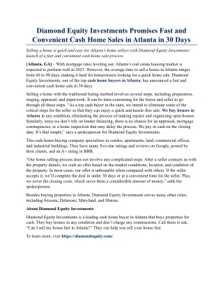 Diamond Equity Investments Promises Fast and Convenient Cash Home Sales in Atlanta in 30 Days