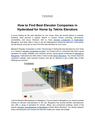 How to Find Best Elevator Companies in Hyderabad for Home by Teknix Elevators