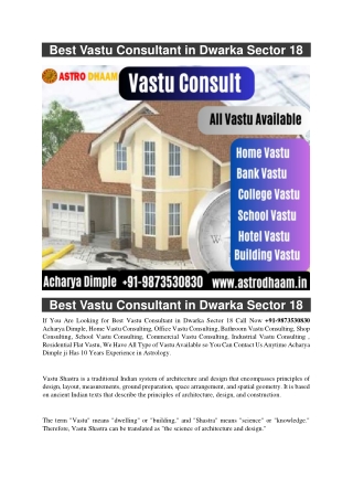 Best Vastu Consultant in Dwarka Sector 18  91-9873530830