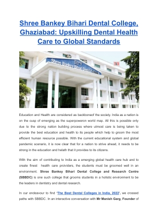 Shree Bankey Bihari Dental College, Ghaziabad Upskilling Dental Health Care to Global Standards