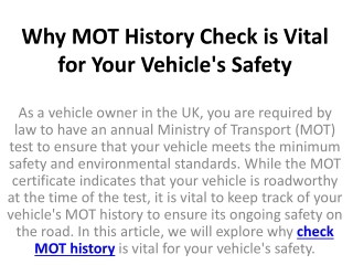 Why MOT History Check is Vital for Your Vehicle's Safety