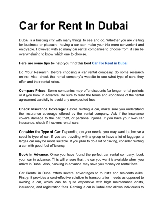 Car for Rent In Dubai