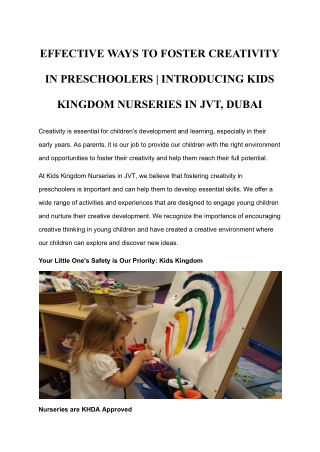 EFFECTIVE WAYS TO FOSTER CREATIVITY IN PRESCHOOLERS _ INTRODUCING KIDS KINGDOM NURSERIES IN JVT, DUBAI