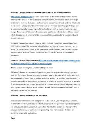 Alzheimer’s Disease Market to Perceive Excellent Growth of US 8.98 Billion by 2029