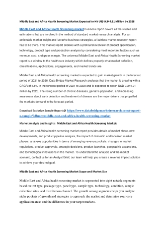 Middle East and Africa Health Screening Market Expected to Hit US 9,344.91 Million by 2028