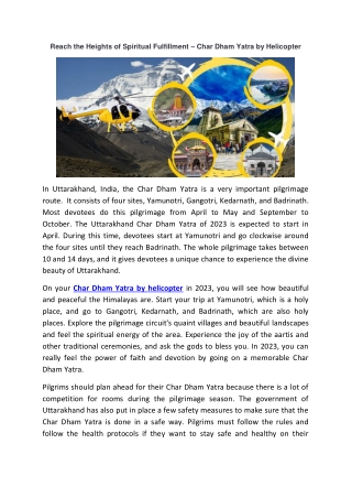 Reach the Heights of Spiritual Fulfillment – Char Dham Yatra by Helicopter