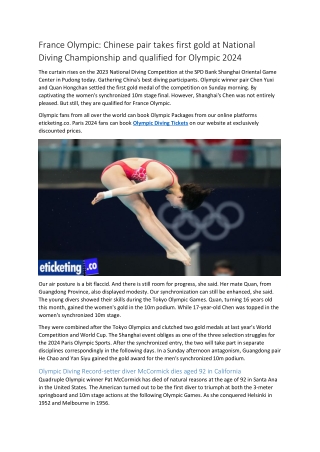 France Olympic Chinese pair takes first gold at National Diving Championship and qualified for Olympic 2024