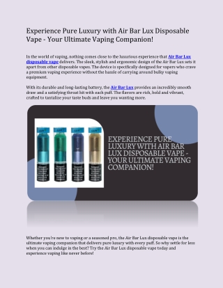 Experience Pure Luxury with Air Bar Lux Disposable Vape - Your Ultimate Vaping C