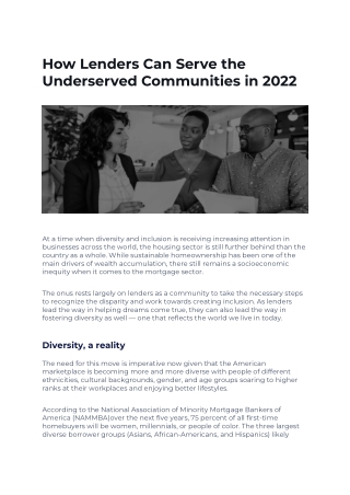 How Lenders Can Serve the Underserved Communities in 2022