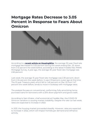 Mortgage Rates Decrease to 3.05 Percent in Response to Fears About Omicron