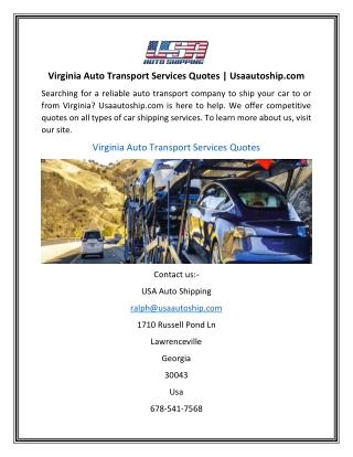 Virginia Auto Transport Services Quotes | Usaautoship.com