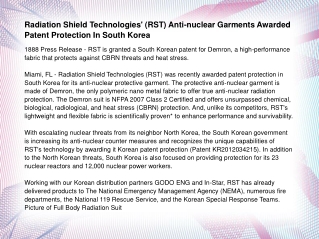 Radiation Shield Technologies' (RST) Anti-nuclear Garments