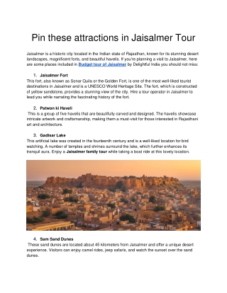 Pin these attractions in Jaisalmer tour