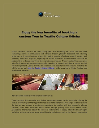 Enjoy the key benefits of booking a custom Tour in Textile Culture Odisha