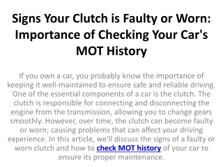 Signs Your Clutch is Faulty or Worn: Importance of Checking Your Car's MOT Histo
