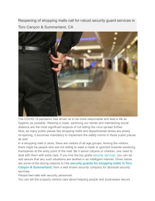 Reopening of shopping malls call for robust security guard services in Toro Canyon & Summerland, CA