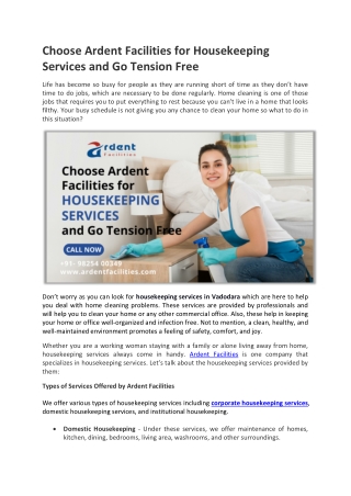 Choose Ardent Facilities for Housekeeping Services and Go Tension Free