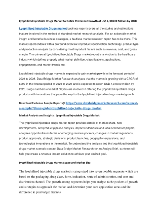 Lyophilized Injectable Drugs Market to Notice Prominent Growth of US 4,318.00 Million by 2028