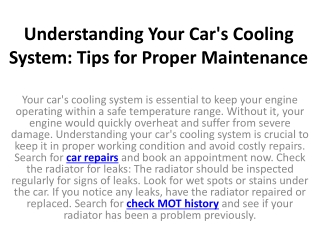 Understanding Your Car's Cooling System: Tips for Proper Maintenance