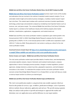 Middle East and Africa Viral Vector Purification Market Share, Size & SWOT Analysis by 2028