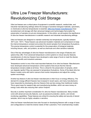 Ultra Low Freezer Manufacturers Revolutionizing Cold Storage