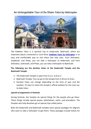 An Unforgettable Tour of Do Dham Yatra by Helicopter