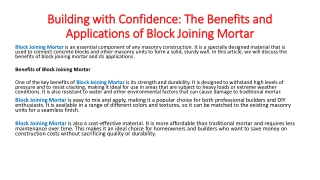 Building with Confidence: The Benefits and Applications of Block Joining Mortar