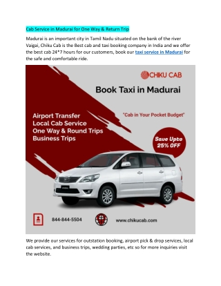 Cab Service in Madurai for One Way