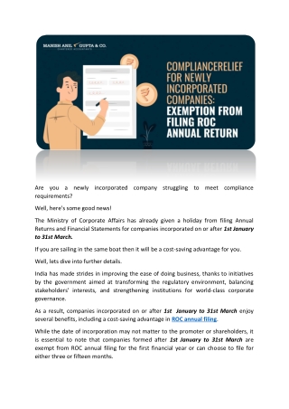 Compliance Relief for Newly Incorporated Companies