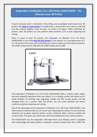 Snapmaker 2.0 Modular 3-in-1 3D Printer A350T/A250T - The Ultimate Laser 3D Prin