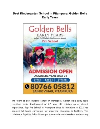 Best Kindergarten School in Pitampura, Golden Bells Early Years