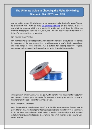 The Ultimate Guide to Choosing the Right 3D Printing Filament: PLA, PETG, and TP
