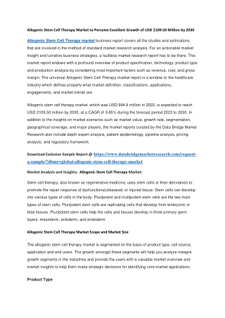 Allogenic Stem Cell Therapy Market to Perceive Excellent Growth of USD 2109.50 Million by 2030
