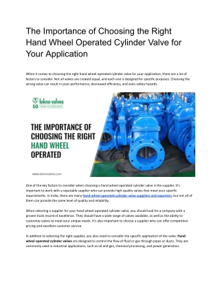 The Importance of Choosing the Right Hand Wheel Operated Cylinder Valve for Your Application