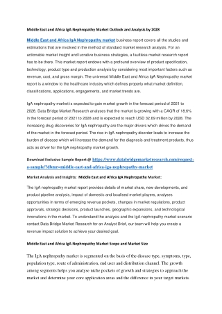 Middle East and Africa IgA Nephropathy Market Outlook and Analysis by 2028