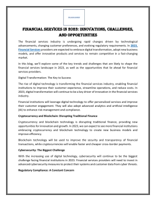 Financial Services in 2023 Innovations, Challenges, and Opportunities