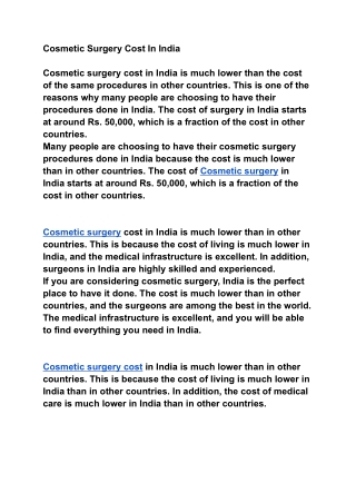 Cosmetic Surgery Cost In India