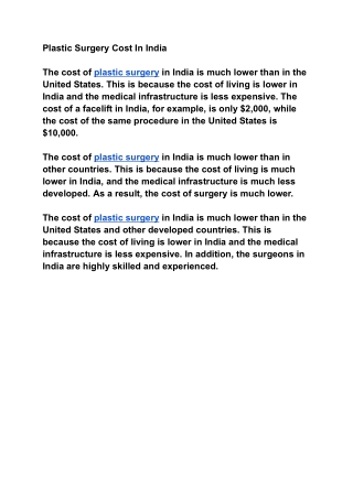 Plastic Surgery Cost In India