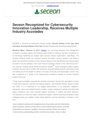 Seceon Recognized for Cybersecurity Innovation Leadership, Receives Multiple Industry Accolades - Seceon