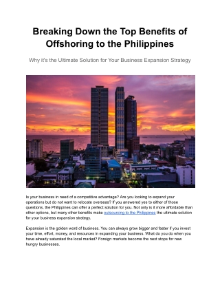 Breaking Down the Top Benefits of Offshoring to the Philippines