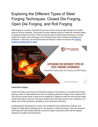 Exploring the Different Types of Steel Forging Techniques_ Closed Die Forging, Open Die Forging, and Roll Forging