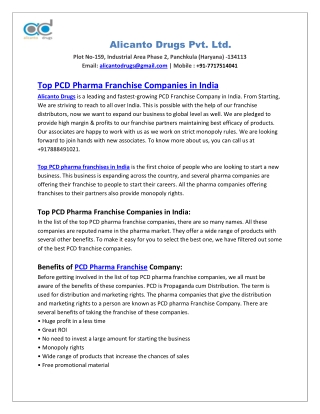 Top PCD Pharma Franchise Companies in India - Alicanto Drugs