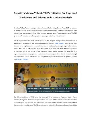 Swasthya Vidhya Vahini TDP's Initiative for Improved Healthcare and Education in Andhra Pradesh