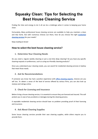 Squeaky Clean: Tips for Selecting the Best House Cleaning Service