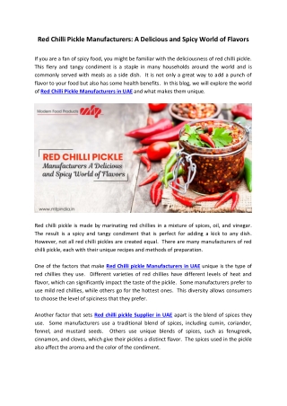 Red Chilli Pickle Manufacturers: A Delicious and Spicy World of Flavors