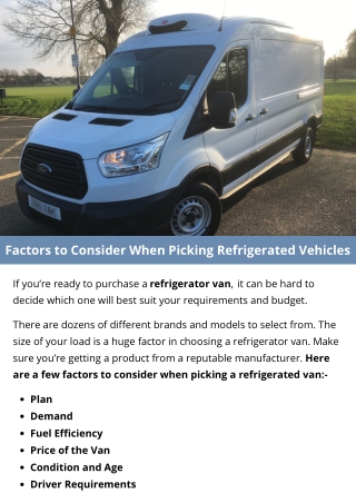 Factors to Consider When Picking Refrigerated Vehicles