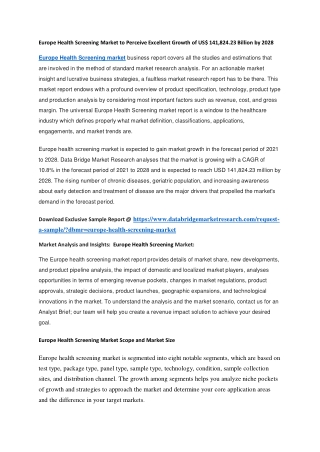Europe Health Screening Market to Perceive Excellent Growth of US 141,824.23 Billion by 2028