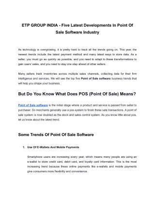 ETP GROUP INDIA - Five Latest Developments In Point Of Sale Software Industry