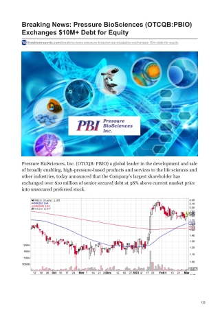 Breaking News Pressure BioSciences OTCQBPBIO Exchanges 10M Debt for Equity